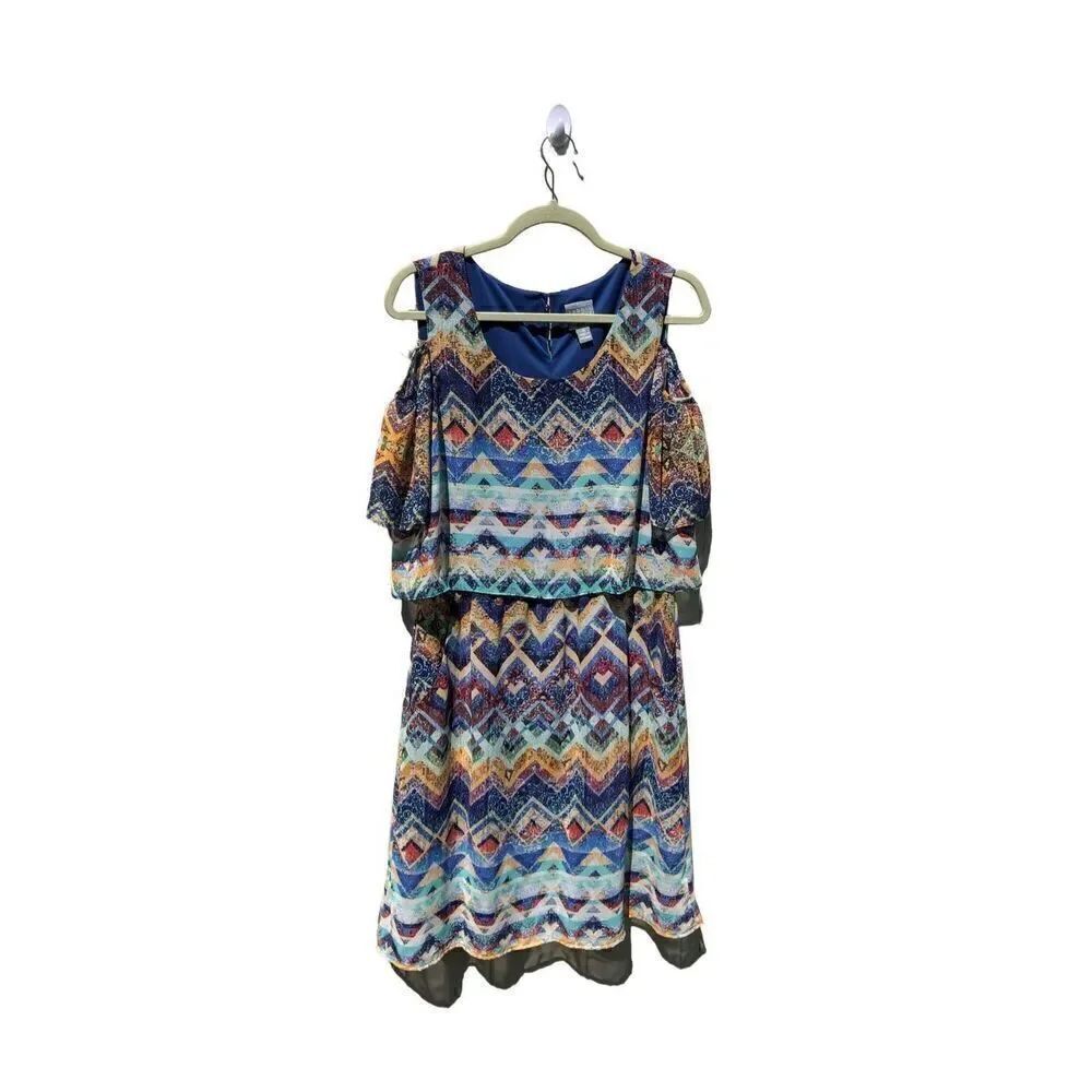 Rabbit Rabbit Rabbit Size 10 Cold Shoulder Aztec/Southwestern Print Dress - Picture 2 of 4